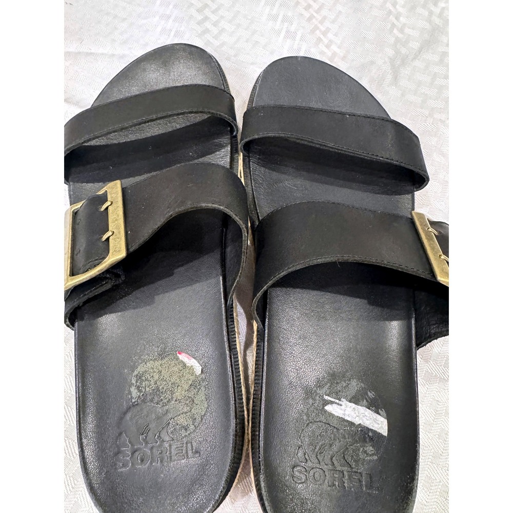 Sorel Women's‎ Leather Slide Sandals Black Buckle Espadrille Platform Size 9.5